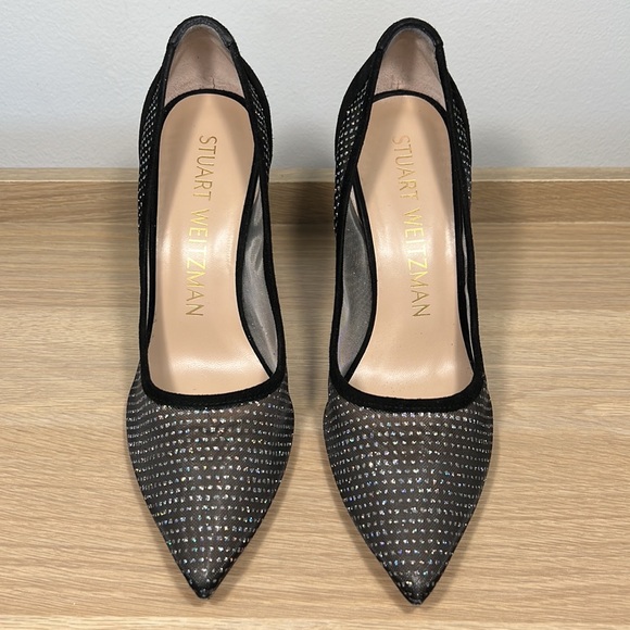 Worn twice Stuart Weitzman Tasha 100 mesh suede pointed sparkle heels 8.5 box - Picture 5 of 15